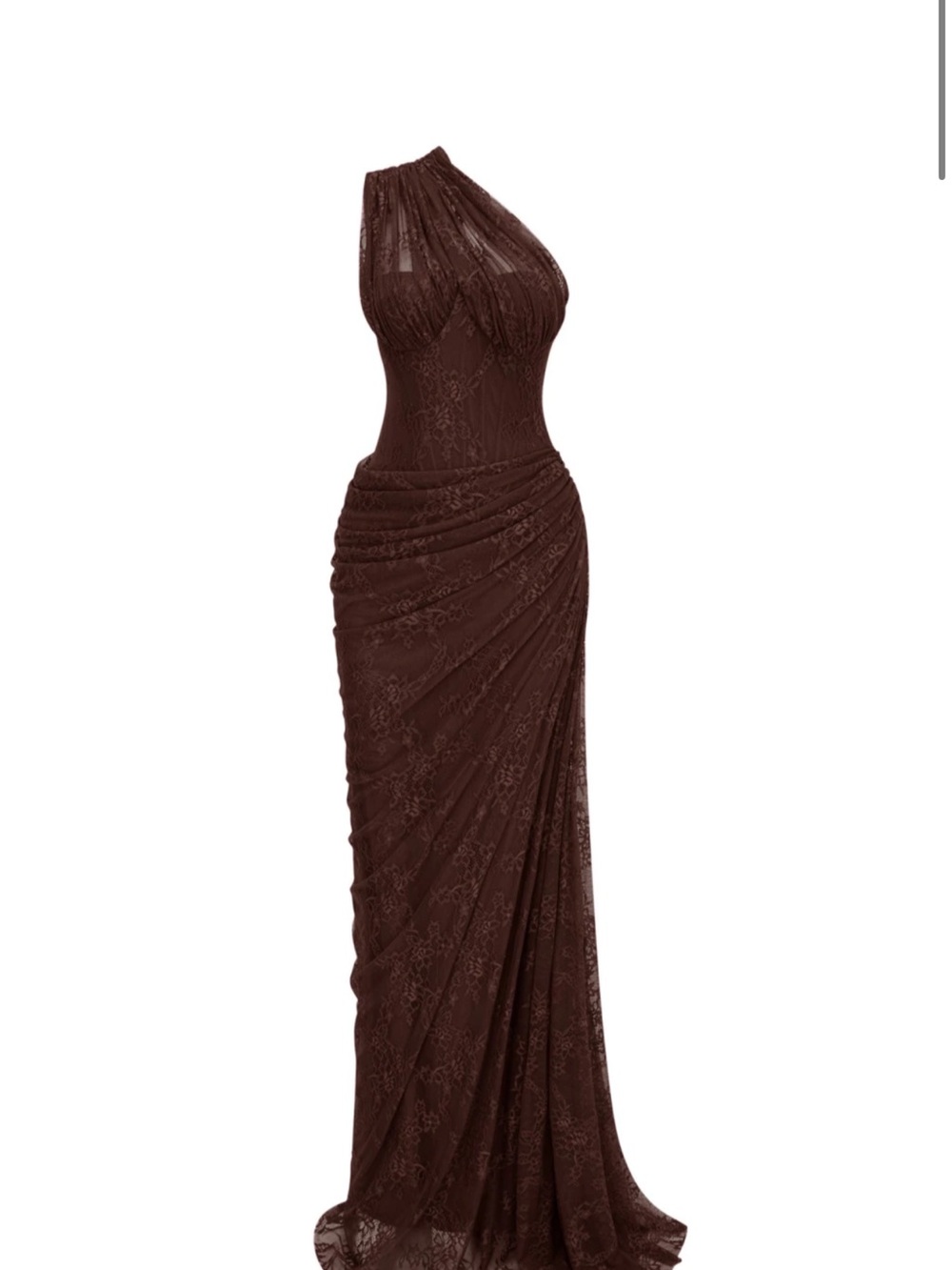 One-Shoulder Brown Lace Draped Evening Dress